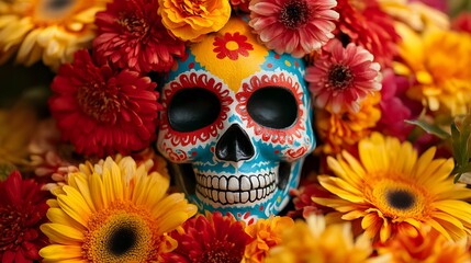 Skull with Festive Face Paint
A cute skull with playful face paint in bright reds, yellows, and blues, smiling among vibrant flowers and symbols of celebration.