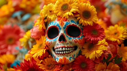 Skull with Festive Face Paint
A cute skull with playful face paint in bright reds, yellows, and blues, smiling among vibrant flowers and symbols of celebration.