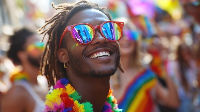 Portrait of happy african american man with sunglasses and rainbow accessories smiling and looking at camera gbt pride concept