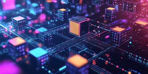 Abstract neon glowing cubes on a dark digital circuit board background.