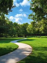 there is a path that is going through a park with trees