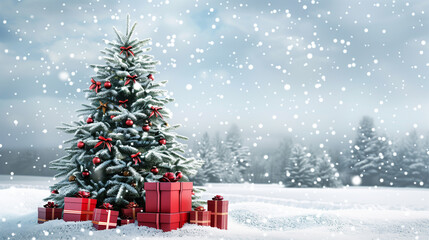 Obraz premium Winter forest with snow covered trees in Christmas festival background.