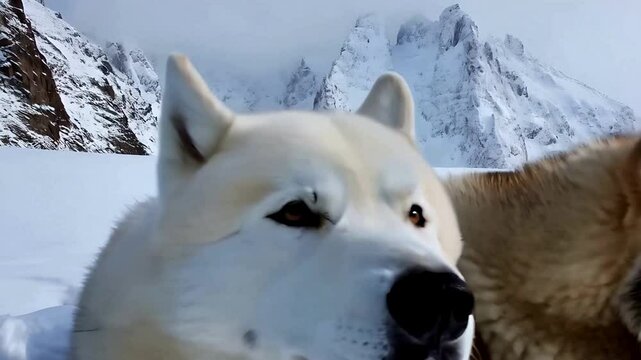 two beautiful huskies close up, snowy mountains