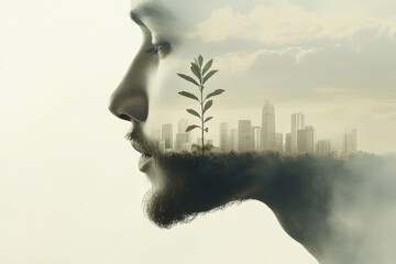 A creative double exposure of a man's profile featuring a city skyline and a growing plant, symbolizing urban nature.