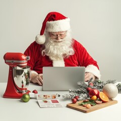 Naklejka premium Festive Santa Claus Working on Marketing Strategy Surrounded by Kitchen Equipment on White Background