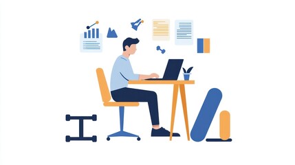 Multitasking Engineer: Working on Laptop Surrounded by Fitness Equipment and Marketing Materials on White Background