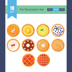 Collection of pies top view vector flat illustration. Set of various whole fresh baking sweet cakes