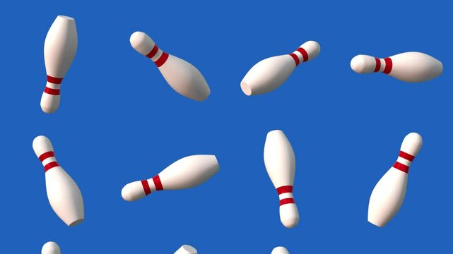 3D Bowling Pins Falling on a Dark Blue Background. Bowling Pins 3D. Sports. 4K
