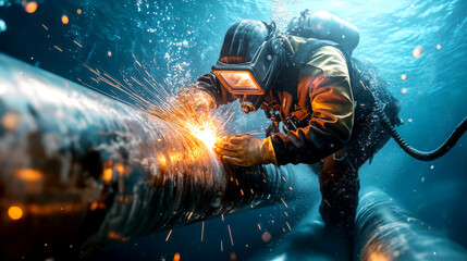 Underwater Welder Working on Submarine Structure