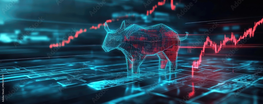 Poster A digital bull symbolizing stock market growth on a futuristic interface with rising graphs in red and blue tones.