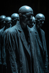 black statues of a bold persons wearing black in the dark