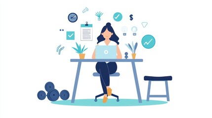 Fototapeta premium Productive Home Office Setup with Businessperson Working on Marketing Plans Amid Kitchen Items on White Background