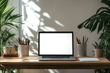 Laptop with blank screen on desk at home. Computer on desk in office. Technology, business concept