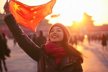 Patriotic Woman Waving Chinese Flag with Joyful Expression During Sunset in a Public Square,...