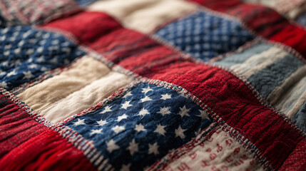 Close-up of a patriotic quilt made from red, white, and blue fabrics, representing American values like freedom.