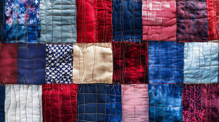 Close-up of a patriotic quilt made from red, white, and blue fabrics, representing American values like freedom.