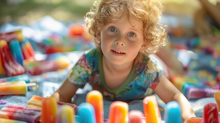 Fototapeta premium A child eagerly reaching for a popsicle from a colorful assortment laid out on a picnic blanket. The bright colors and joyful expression on the child's face convey the excitement of summer treats.