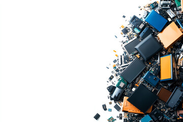 Electronic components and circuit boards scattered on a white background, ideal for tech-related presentations and educational use.