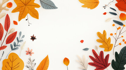 Fototapeta premium Autumnal flat lay frame with pumpkins and colorful leaves on white background