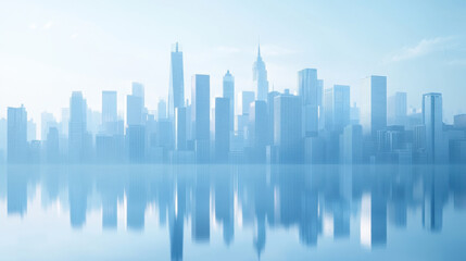 Fototapeta premium City Skyline, A peaceful city skyline featuring minimalist buildings in soft shades of blue and white, fostering a calm and tranquil atmosphere