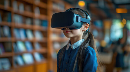 VR Classroom Experience,  A school student wearing a VR headset interacts with AI technology and blue holograms for an innovative learning experience in the classroom