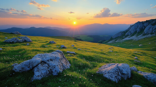 Romanian Mountains,  A scenic view of a vibrant green meadow with rocks and rugged mountains at sunset in the Ciucas Mountains of Romania