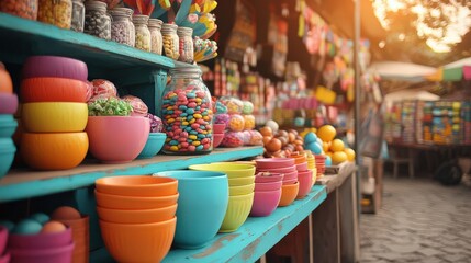 Colorful bowls filled with candies and sweets displayed on a market shelf, creating a vibrant and enticing atmosphere.