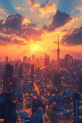 Fototapeta premium City Skyline, A stunning city skyline at sunset, with tall buildings glowing in golden light, symbolizing the aspirations and opportunities of modern urban life