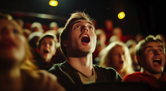 audience in a theater gasping during a suspenseful scene