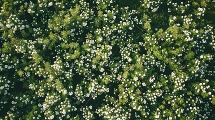 Drone Aerial View of Vibrant Spring Flower Field with Lush Greenery and Clear Blue Sky