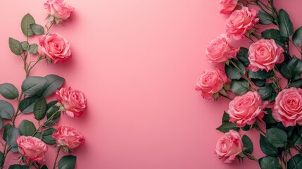 Floral frame of curly pink roses arranged on the sides over a soft pink background. Flat lay composition with copy space, perfect for a greeting card mockup or flower shop advertisement design.