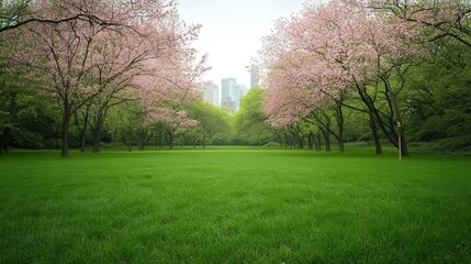 Obraz premium A serene park scene featuring blooming cherry trees, lush green grass, and a city skyline in the background, perfect for relaxation.
