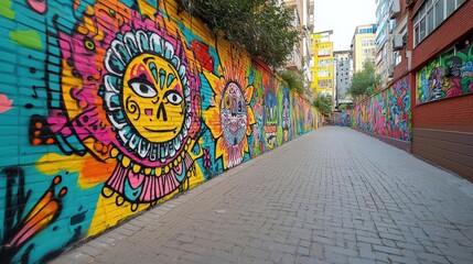 Naklejka premium Vibrant street art mural showcasing colorful designs and artistic expressions on a city wall in an urban setting.