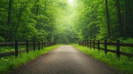 Serene forest path surrounded by lush greenery and vibrant trees, offering a peaceful escape into nature's beauty.