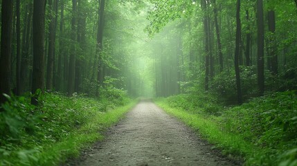 Obraz premium A serene forest path leads through lush greenery, inviting exploration and connection with nature in a tranquil setting.