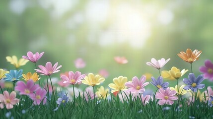 Obraz premium A serene floral landscape featuring colorful flowers swaying gently amidst soft sunlight and lush green grass.