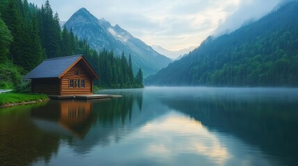 Fototapeta premium Serene lake view with a wooden cabin surrounded by lush mountains and mist, creating a peaceful nature scene.