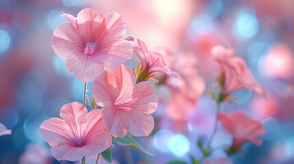Close-up of delicate pink petunias bathed in soft, dreamy light, with a vibrant bokeh background of blue and pink hues.