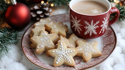 Christmas cookies shaped like stars, trees, and reindeer on a plate next to a cup of hot cocoa.