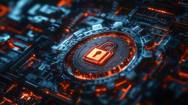 Website Security,  Digital gears combined with a padlock symbol, showcasing the importance of optimizing website safety and enhancing cybersecurity measures