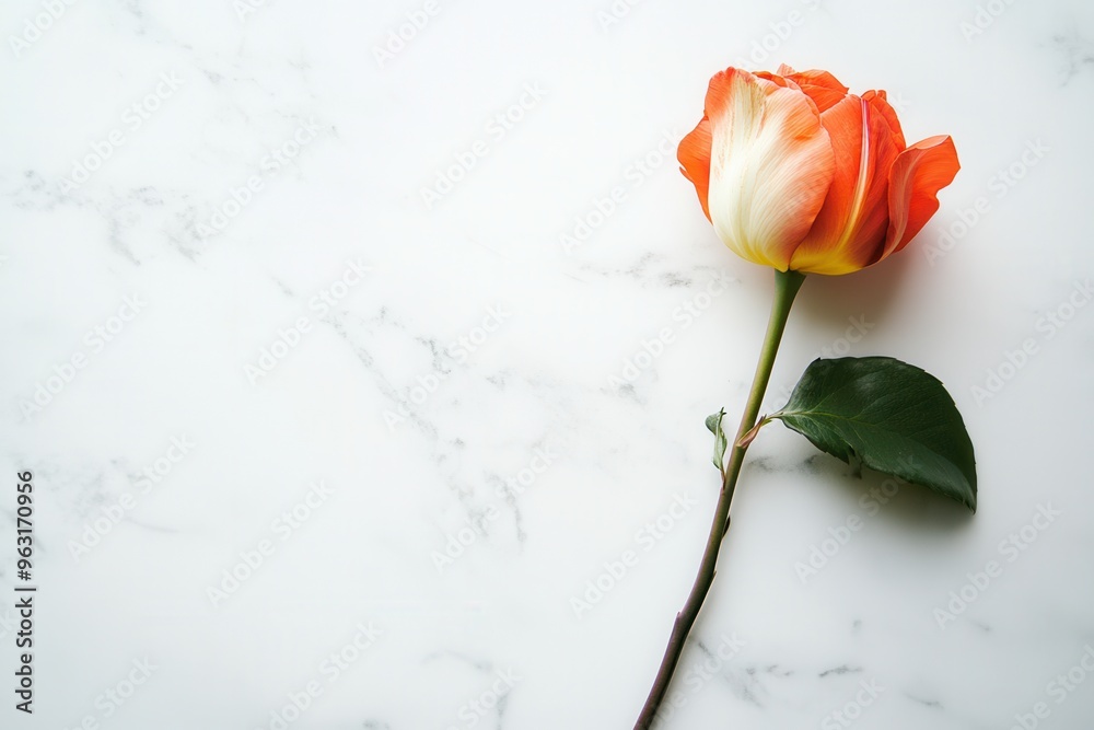 Poster a vibrant tulip rests elegantly on a smooth white marble surface, showcasing its colors in a serene 