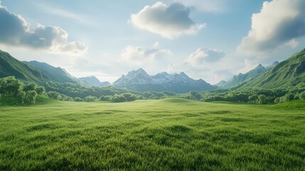 Breathtaking landscape featuring lush green fields and majestic mountains under a blue sky dotted with fluffy clouds.