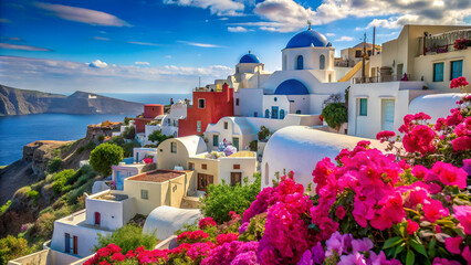 Naklejka premium View of traditional cycladic Santorini houses on small street with flowers in foreground