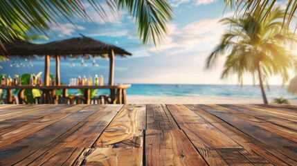 Vacation-themed horizontal travel banner with wooden table and bar counter.