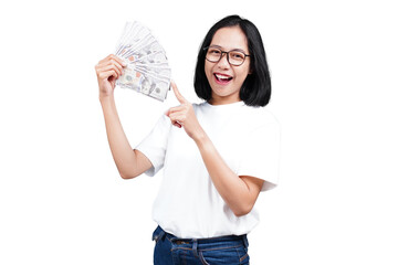 An asian woman holding money and pointing isolated transparent