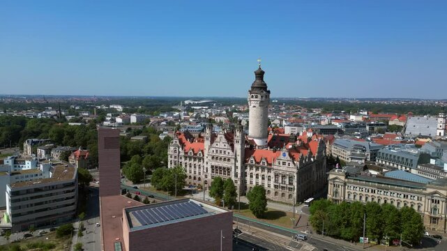 Leipzig new city hall tower, summer day. Wonderful aerial view flight drone