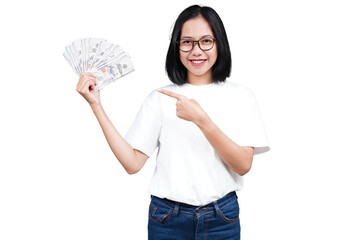 An asian woman holding money and pointing isolated transparent