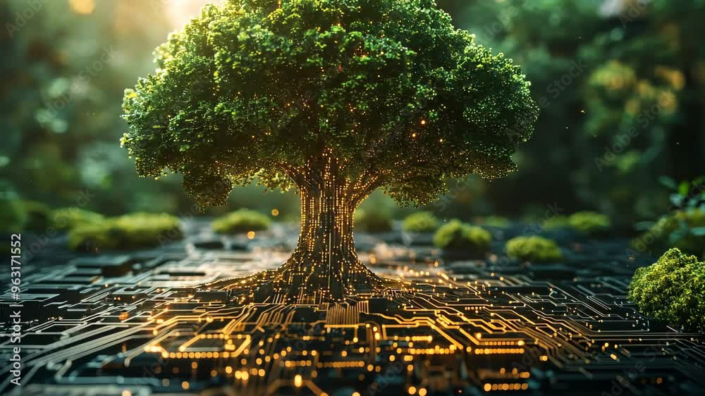 Poster tree growing from a digital circuit board, futuristic concept