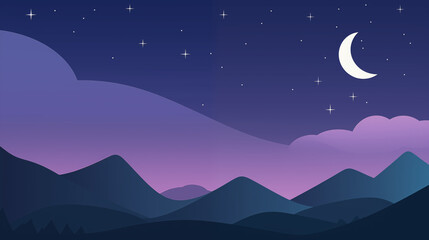 Fototapeta premium Night Sky With Crescent Moon And Distant Mountain Silhouettes