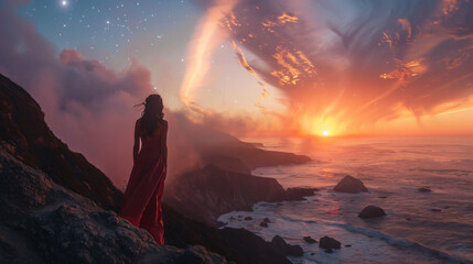 Fototapeta premium Vibrant Sunset Over Coastline with Girl and Comet Tail Illuminating the Sky